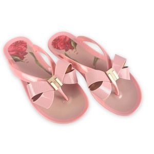 Ted Baker Pink Oversized Big Bow Jelly Flip Flops Sandals Metal T Logo Suszie
